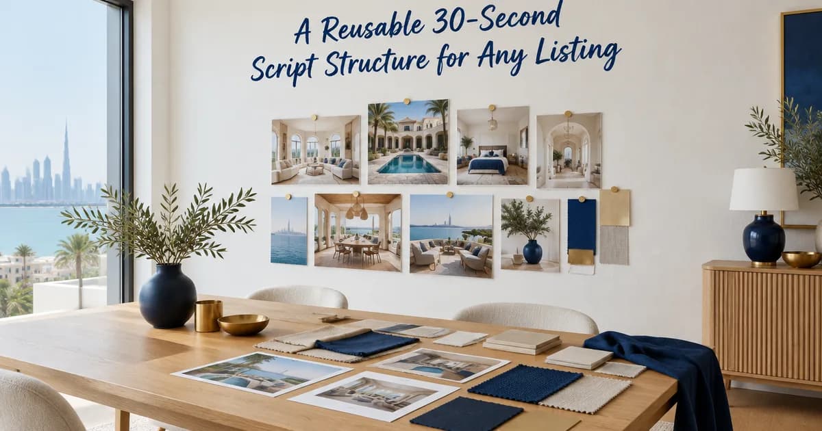 "A Reusable 30-Second Script Structure for Any Listing" painted in navy on a white studio wall above a moodboard of property photos