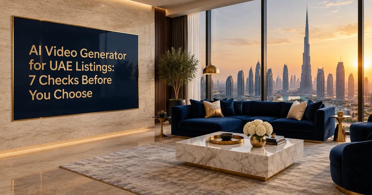 "AI Video Generator for UAE Listings: 7 Checks Before You Choose" in gold letters on a navy panel in a stone feature wall in a Dubai penthouse
