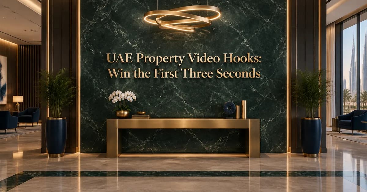 "UAE Property Video Hooks: Win the First Three Seconds" in brass letters on a green marble lobby wall