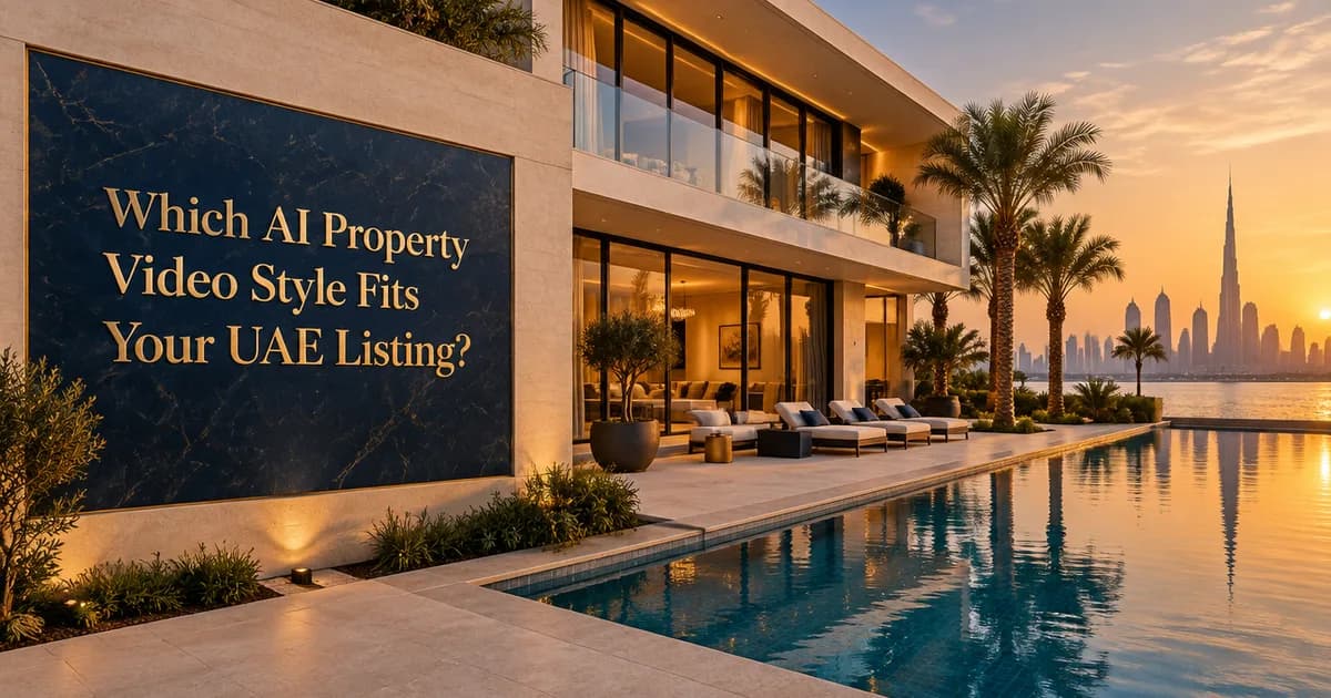 "Which AI Property Video Style Fits Your UAE Listing?" in gold letters on a navy panel in a villa's entrance wall beside a pool at golden hour