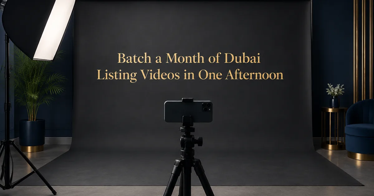 "Batch a Month of Dubai Listing Videos in One Afternoon" in gold on a charcoal studio backdrop behind a phone on a tripod