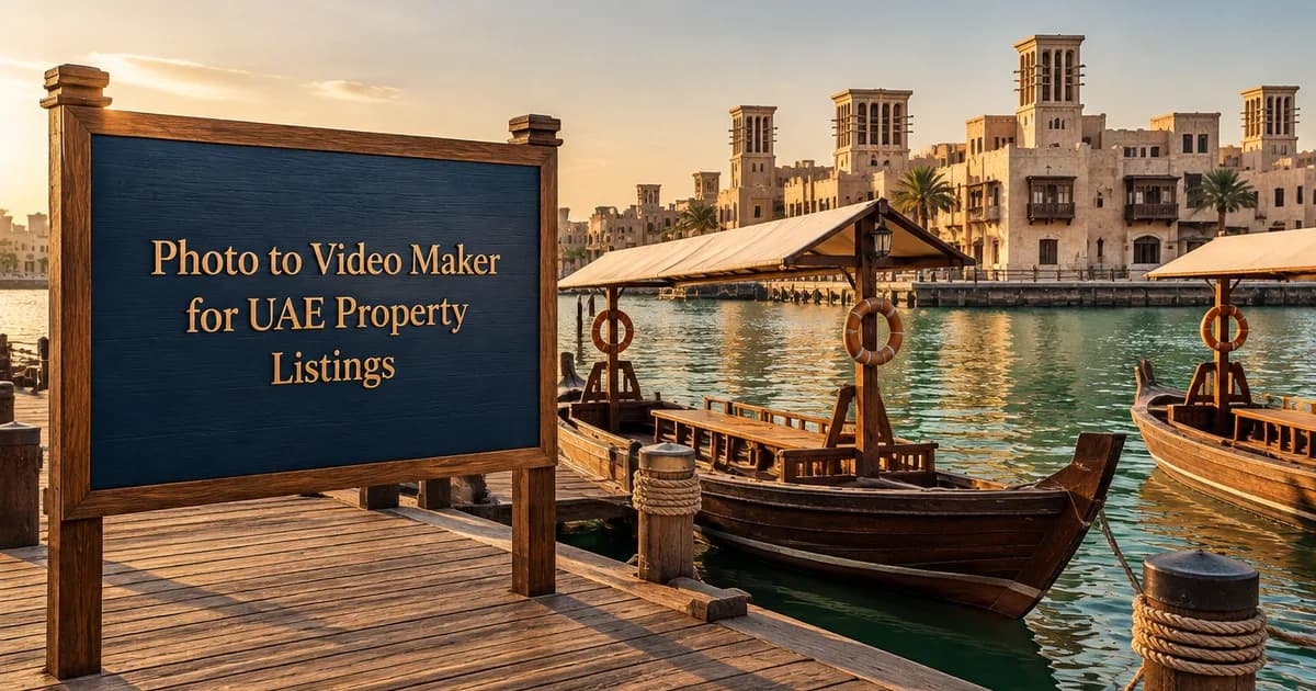"Photo to Video Maker for UAE Property Listings" on a teak-framed navy signboard on a Dubai Creek abra jetty