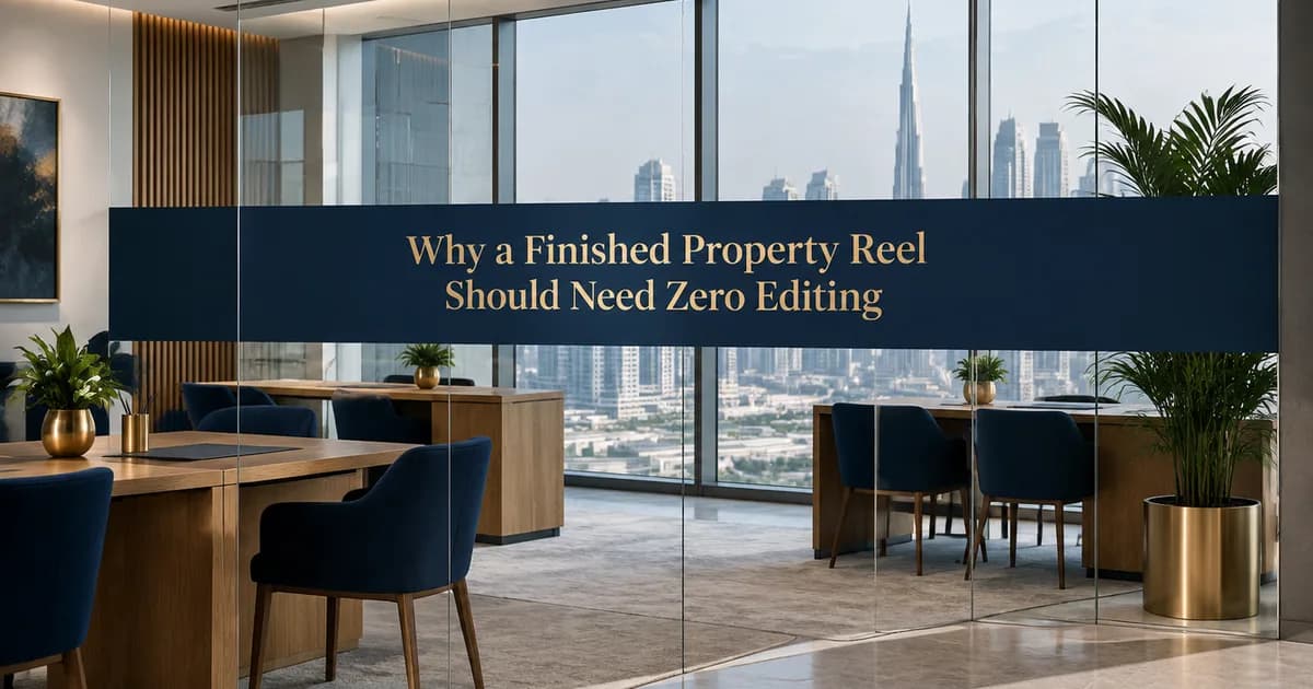 "Why a Finished Property Reel Should Need Zero Editing" in gold on a navy band across a glass partition in a Dubai office